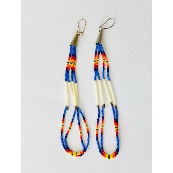 Beaded Dangle Earrings Seed Beads Handmade Hooks Native American Blue Orange - Picture 1 of 5